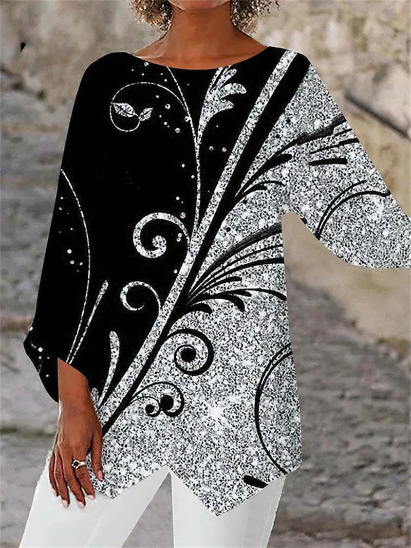 Zella | Bedrucktes Top mit Rundhalsausschnitt und langen Ärmeln