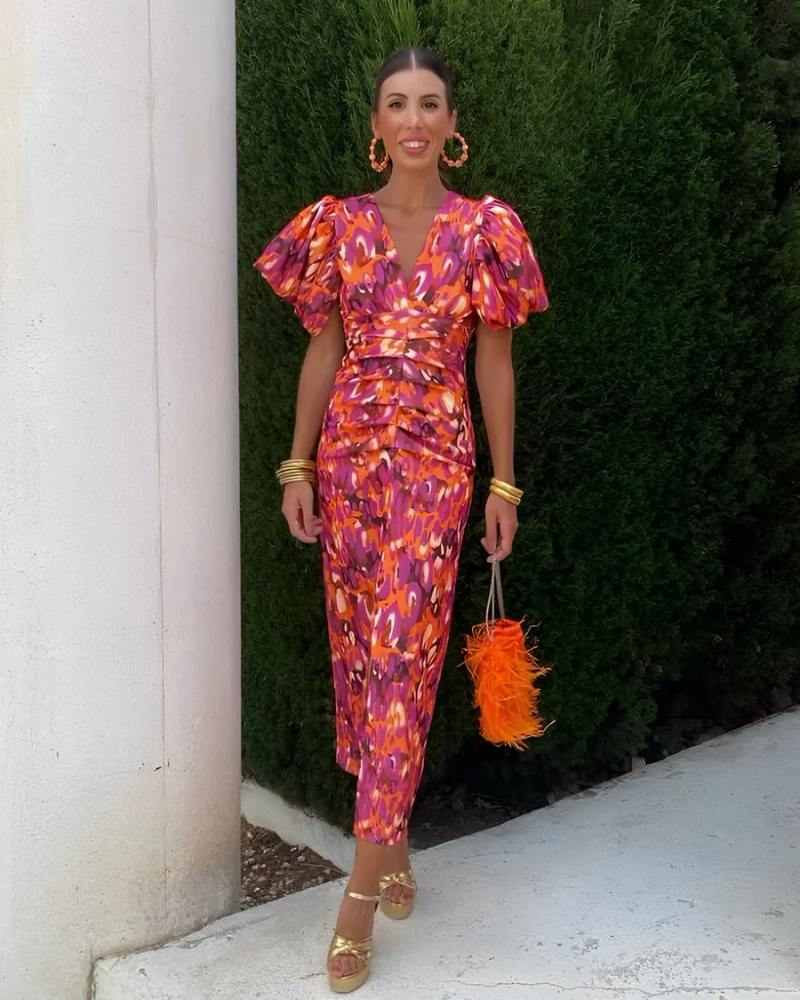 Haline | Elegantes geschnittenes Midikleid mit Puffärmel