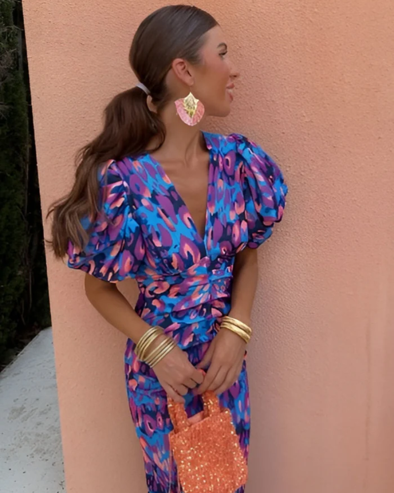 Haline | Elegantes geschnittenes Midikleid mit Puffärmel