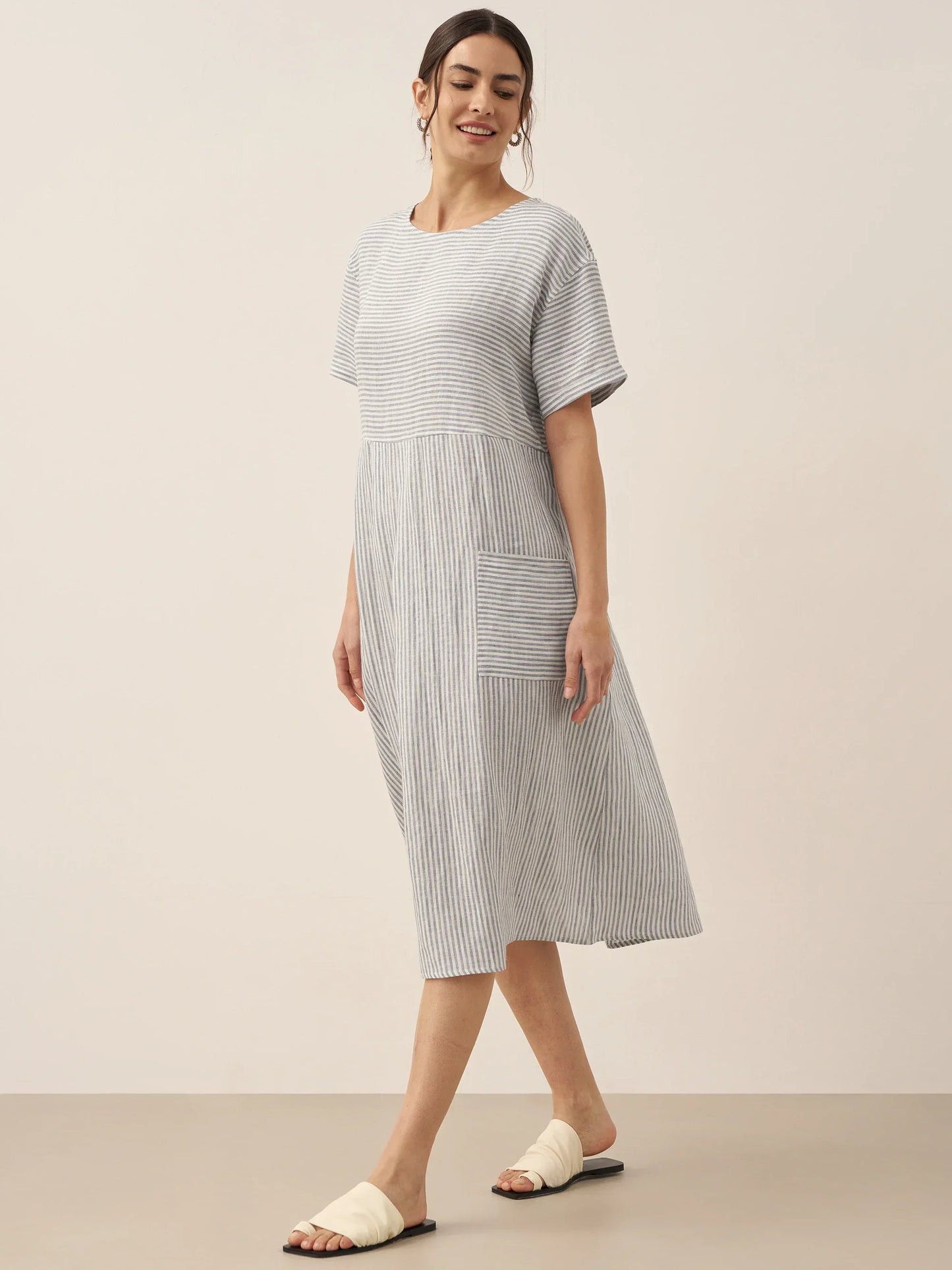 Isabella | stilvolles kurzärmeliges Leinenkleid mit Nadelstreifen