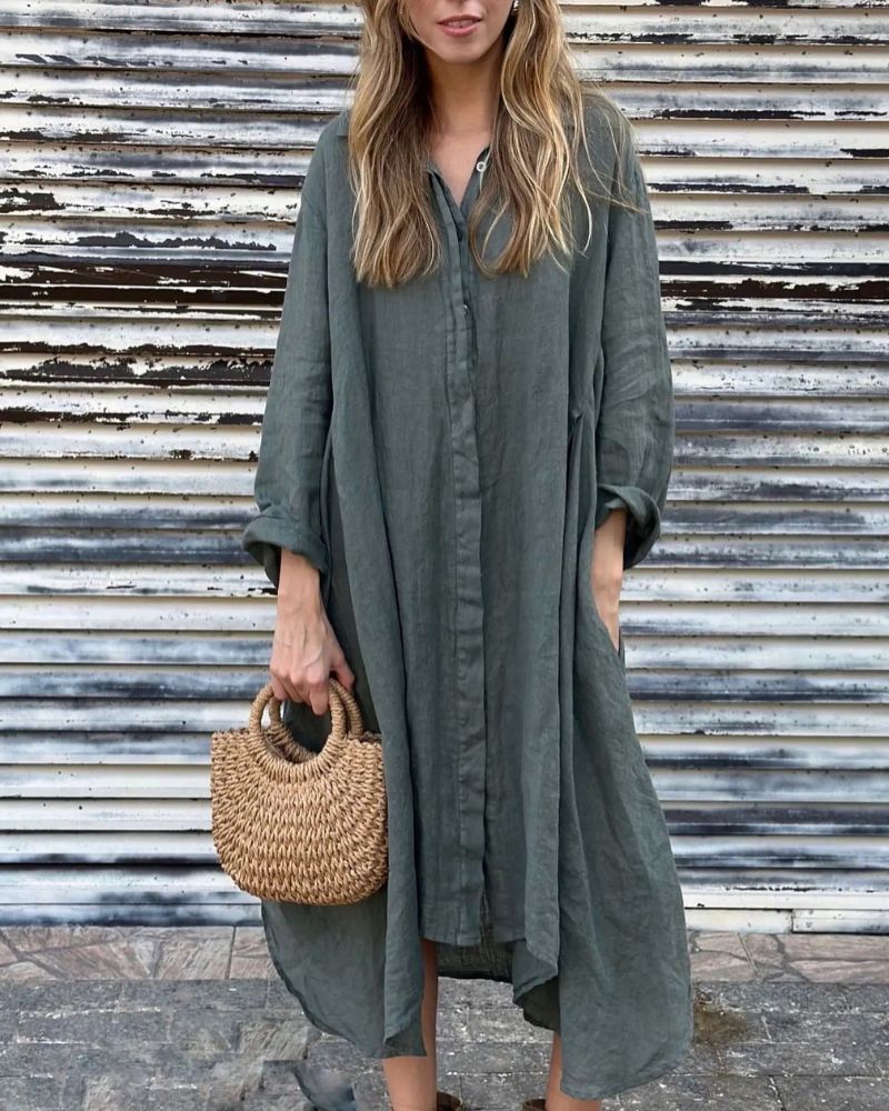 Aireni | Maxi-Hemdkleid aus Leinen mit geknöpfter Front