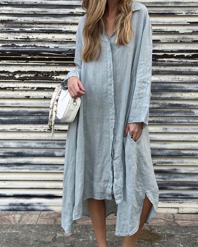 Aireni | Maxi-Hemdkleid aus Leinen mit geknöpfter Front