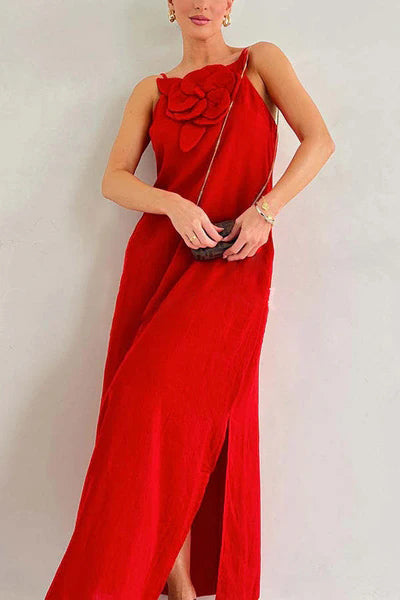 Qincy | Spaghetti-Träger Kleid mit 3D-Blume