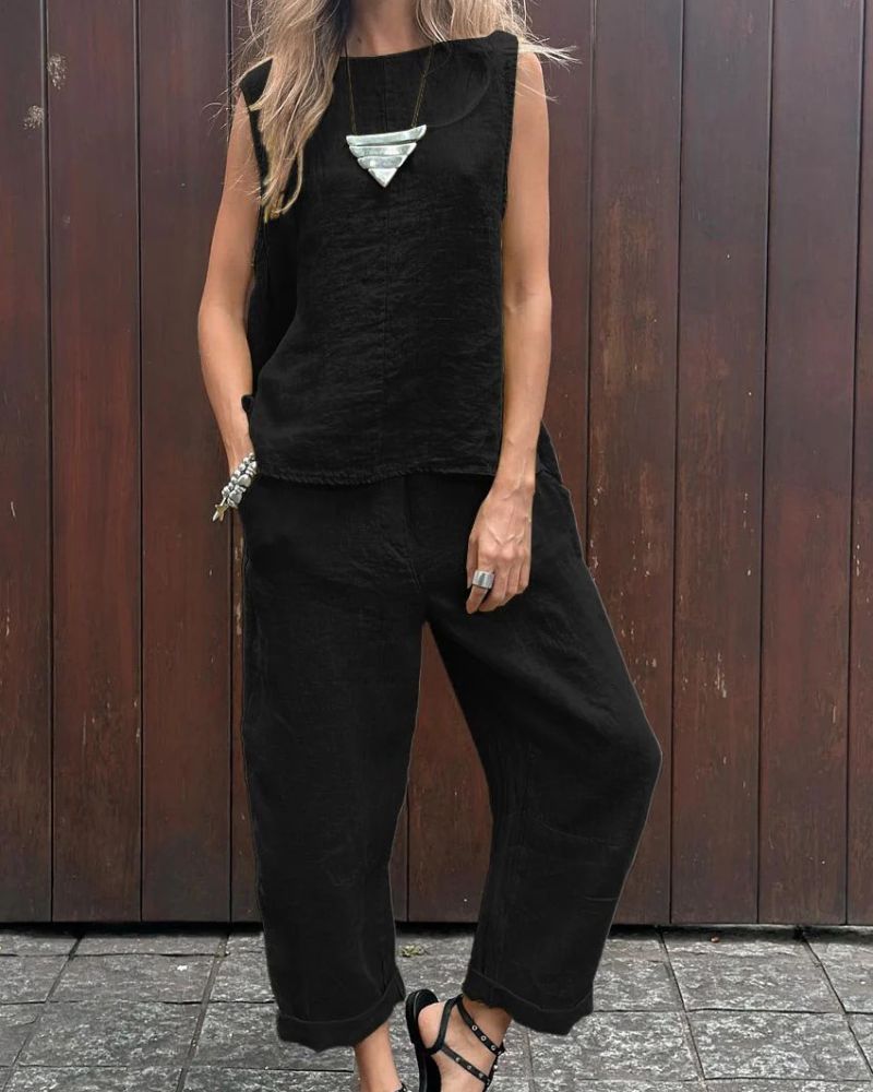 Saige | Ärmelloses Set und Hose aus Baumwolle und Leinen