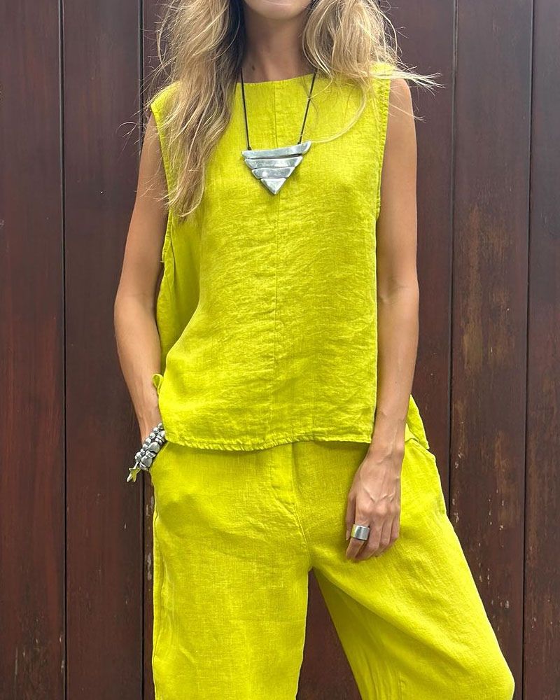 Saige | Ärmelloses Set und Hose aus Baumwolle und Leinen