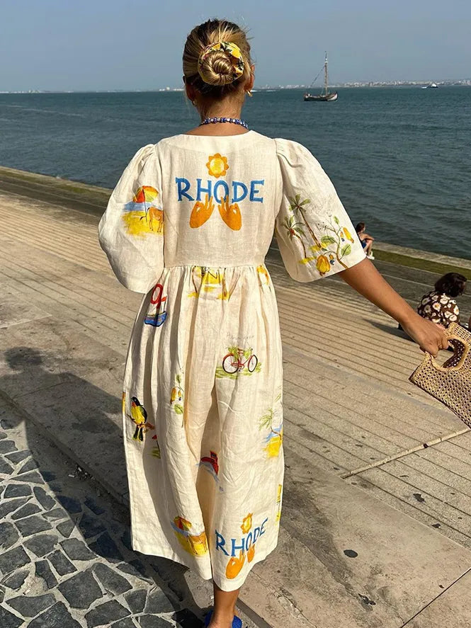 Lydia | Trendiges Leinen-Midikleid mit floralem Druck