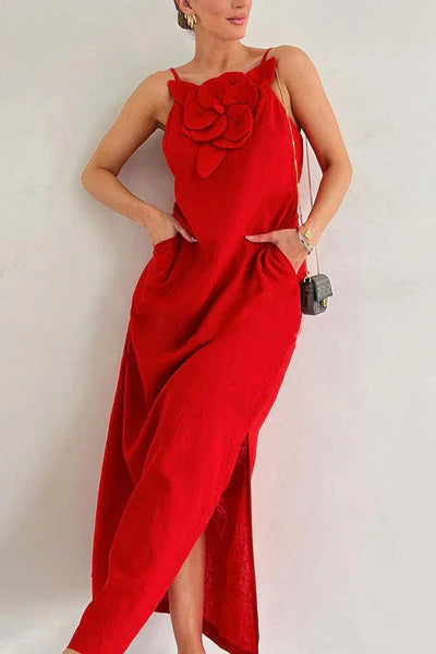 Qincy | Spaghetti-Träger Kleid mit 3D-Blume