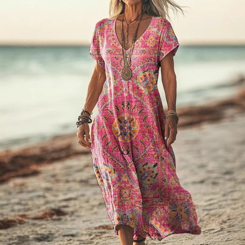 Sukie | Kurzärmeliges Maxikleid im Boho-Stil