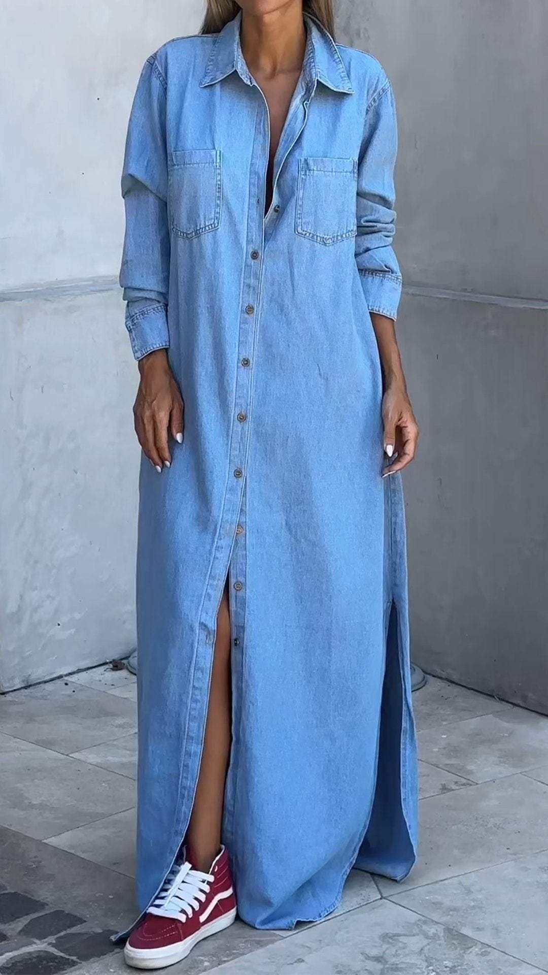 Ada | Stylisches Denim-Kleid mit Klappen und langen Ärmeln
