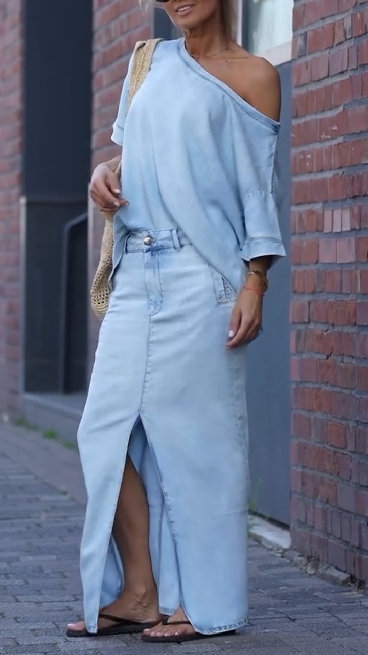 Daph | Denim Schulterfreies Top & Maxirock Set