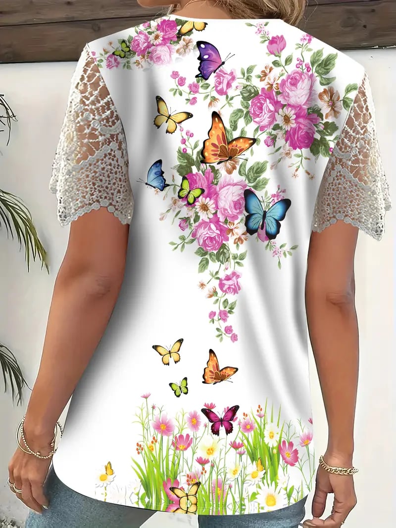 Juliana | elegantes Top mit Spitzenbesatz und floralem Schmetterlingsdesign