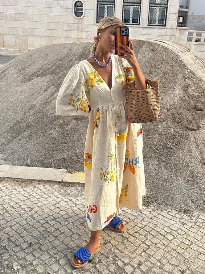 Lydia | Trendiges Leinen-Midikleid mit floralem Druck