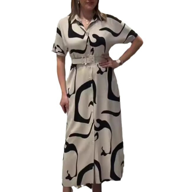 Kathry | Elegantes Midi-Hemdkleid mit abstraktem Tintendruck