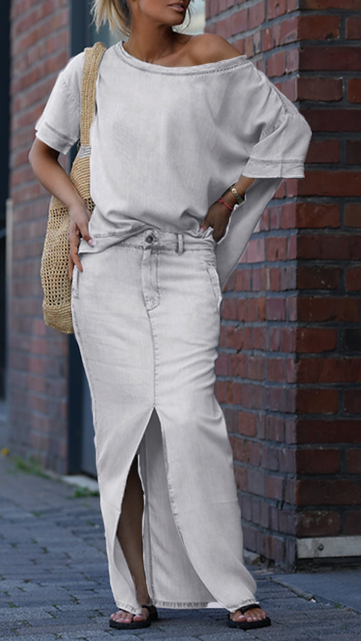 Daph | Denim Schulterfreies Top & Maxirock Set