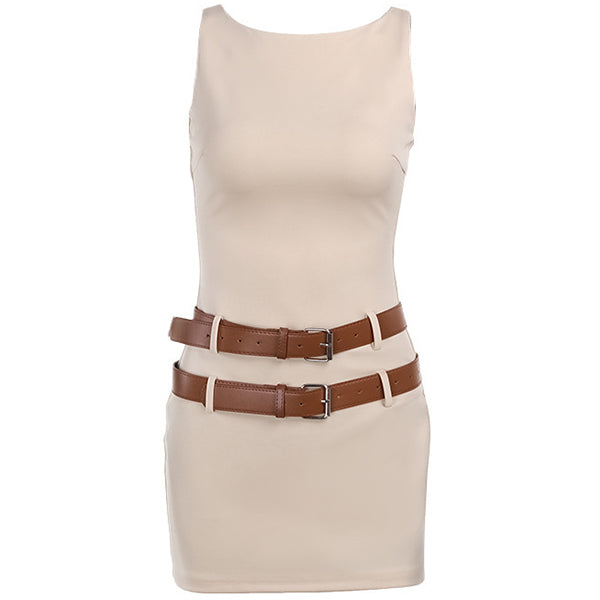 Kinah | Ärmelloses, tailliertes Minikleid mit zwei Schnallengürteln