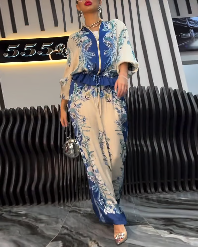 Audri | Set aus Oberteil mit Reißverschluss und geblümter Hose mit weitem Bein