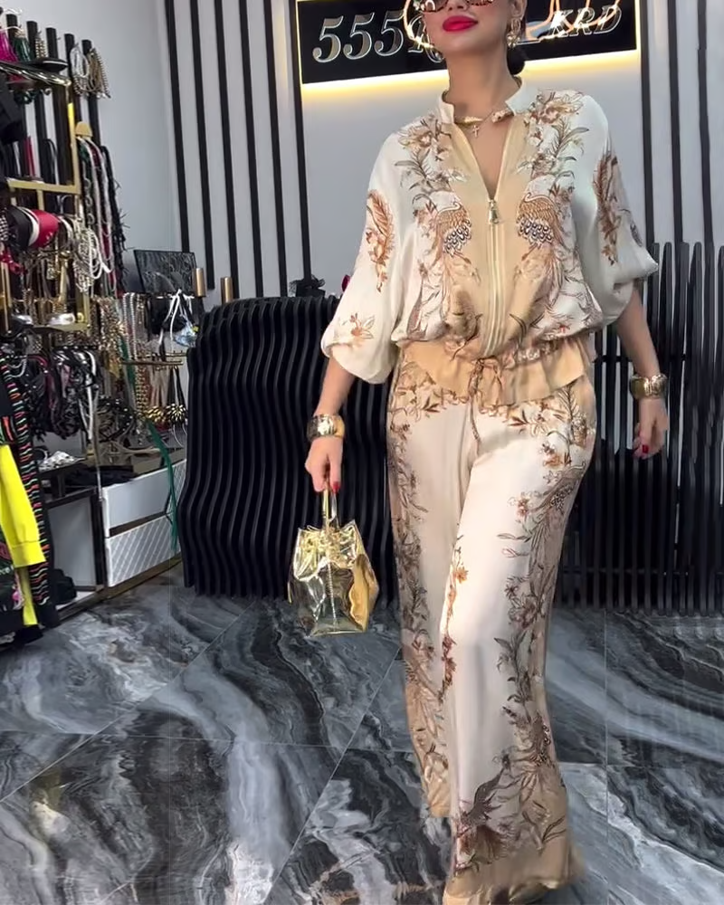 Audri | Set aus Oberteil mit Reißverschluss und geblümter Hose mit weitem Bein