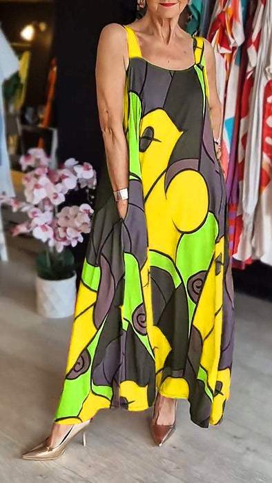 Loise | Buntes Maxikleid mit breitem Träger und abstraktem Druck
