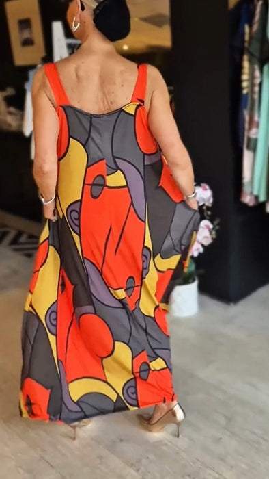 Loise | Buntes Maxikleid mit breitem Träger und abstraktem Druck