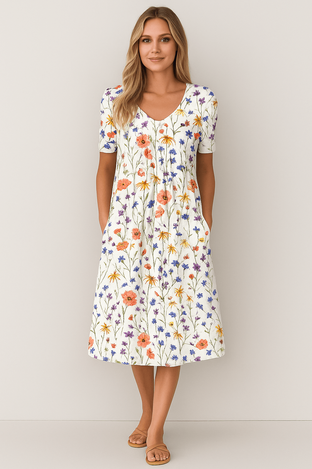 Liona | Geblümtes A-Linien-Kleid mit 3/4-Ärmeln