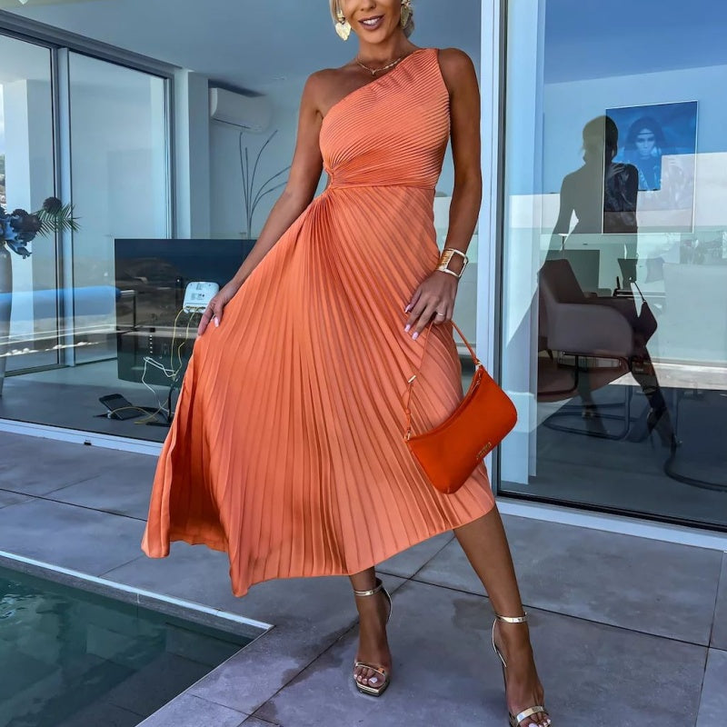 Irma | Stilvolles Einschultriges Maxikleid mit plissiertem Saum