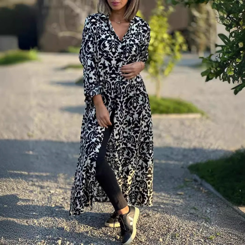 Milan | Langärmeliges Maxikleid mit lebhaftem Druck und Kragen