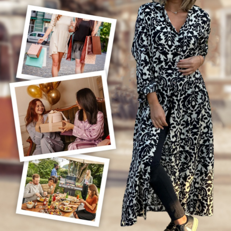 Milan | Langärmeliges Maxikleid mit lebhaftem Druck und Kragen