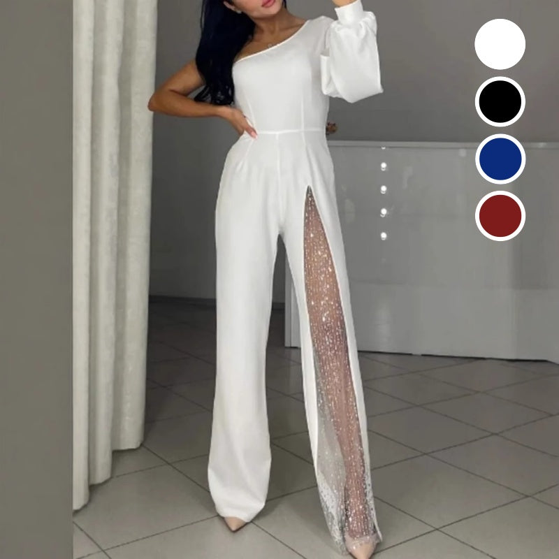 Xyriel | One-Shoulder Glitzer-Jumpsuit mit Mesh