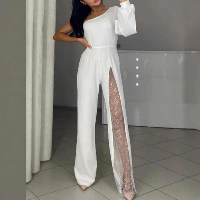 Xyriel | One-Shoulder Glitzer-Jumpsuit mit Mesh