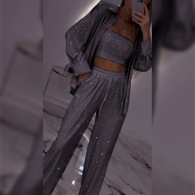 Tyline | Glitter Blazer mit Pailletten und weiten Hosen (3-teiliges Set)