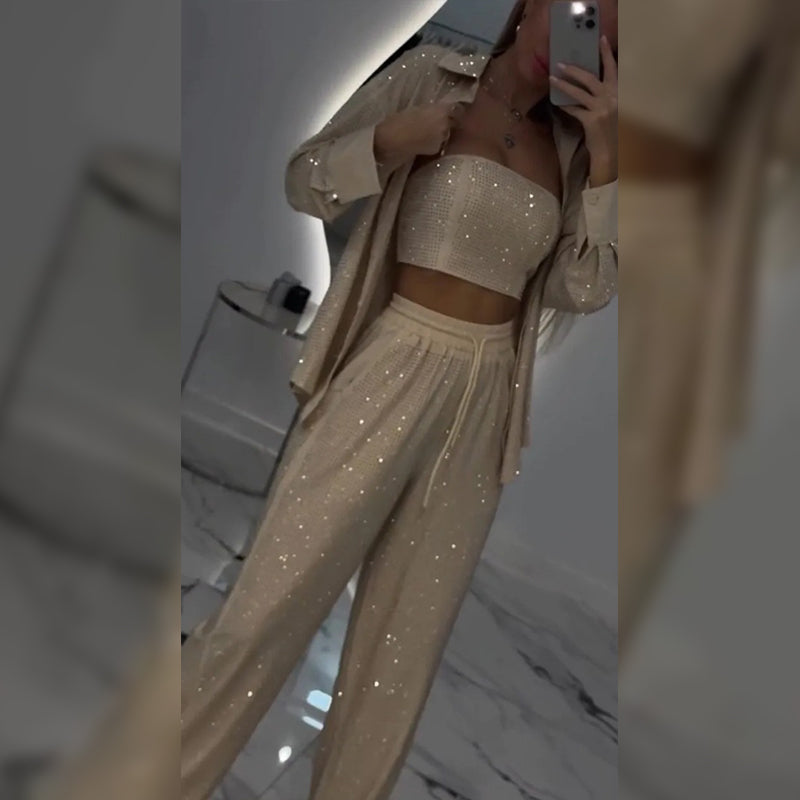 Tyline | Glitter Blazer mit Pailletten und weiten Hosen (3-teiliges Set)