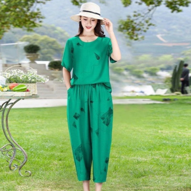 Mazel | Modisches Damen-Set mit bedrucktem Oberteil und 7/8-Hose