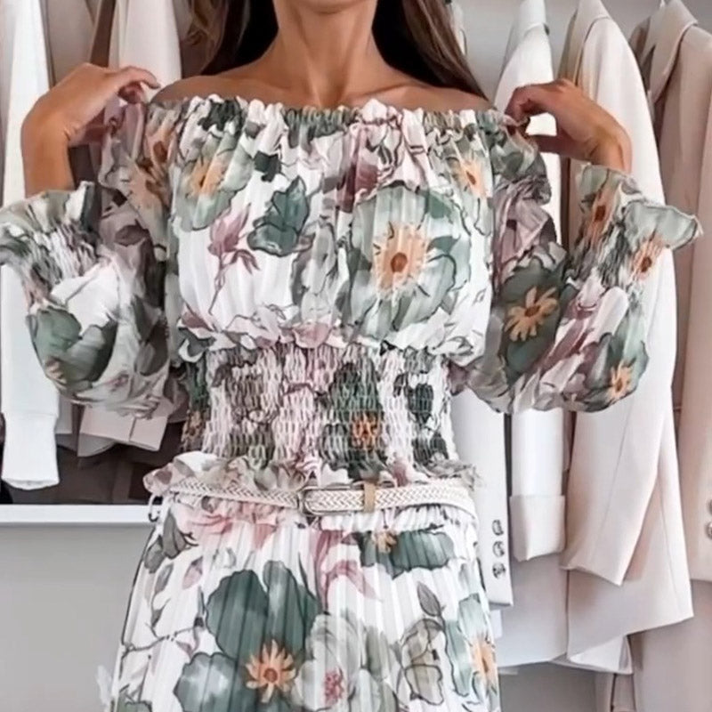 Meane | Zweiteilig: Florale schulterfreie Bluse und langer Rock