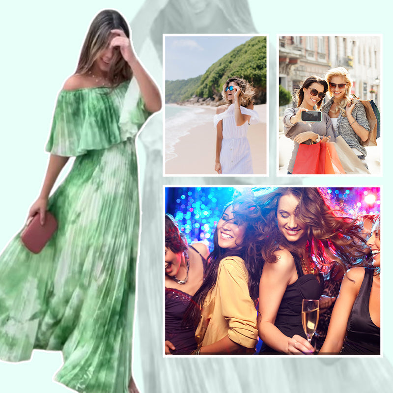 Lhorna | Stylisches bedrucktes Kleid mit offenen Schultern und Plisseefalten