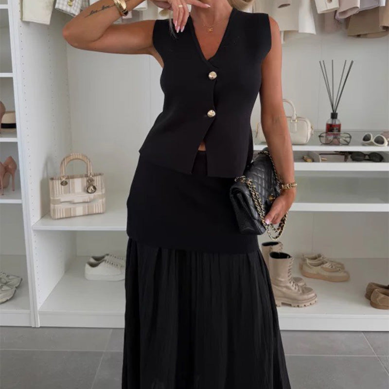 Clian | Ärmelloses Button-Down-Top mit plissiertem Maxirock