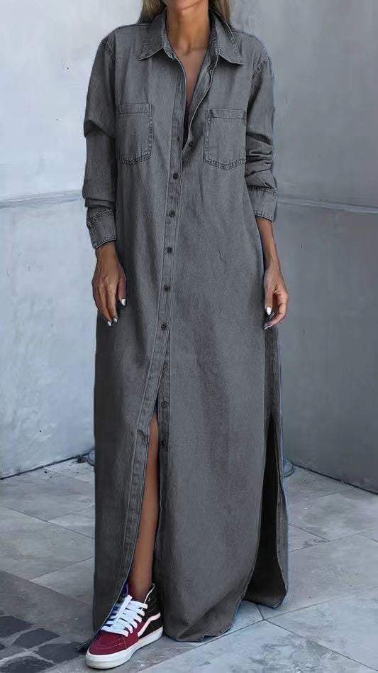 Ada | Stylisches Denim-Kleid mit Klappen und langen Ärmeln