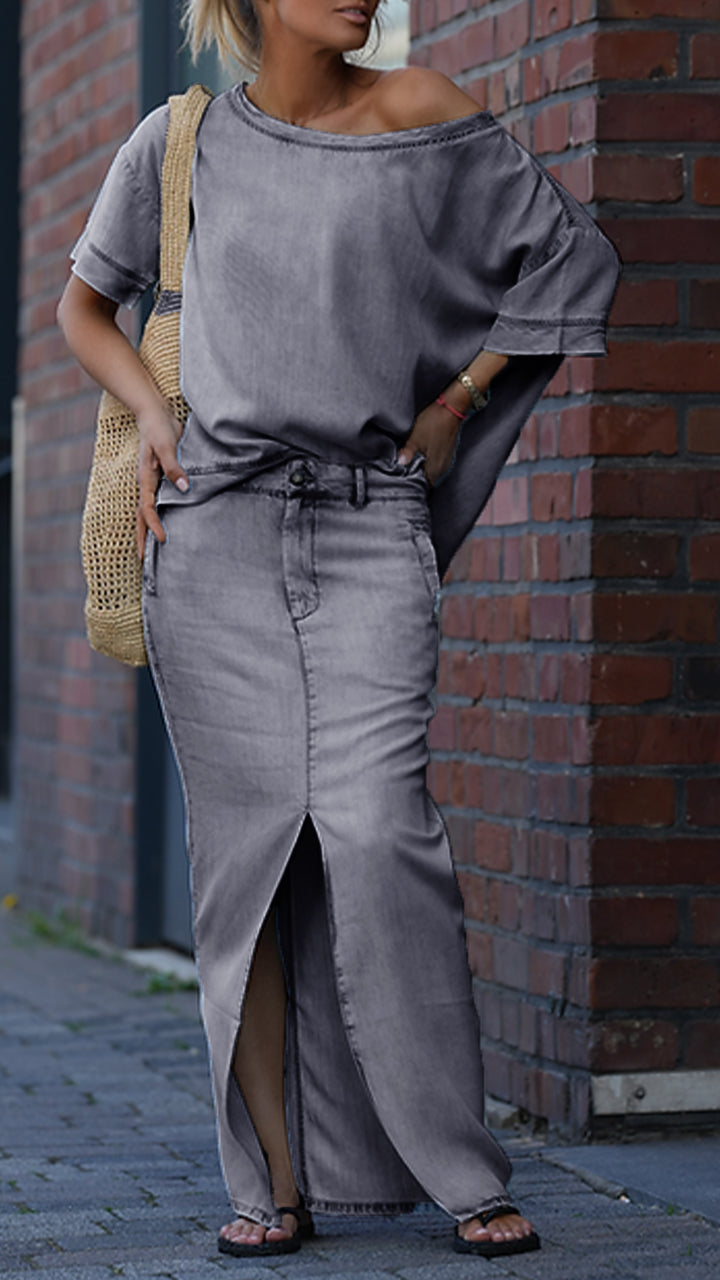 Daph | Denim Schulterfreies Top & Maxirock Set