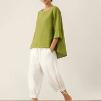 Evelyn | bequemes Leinen-Top mit asymmetrischem Saum und Rundhals