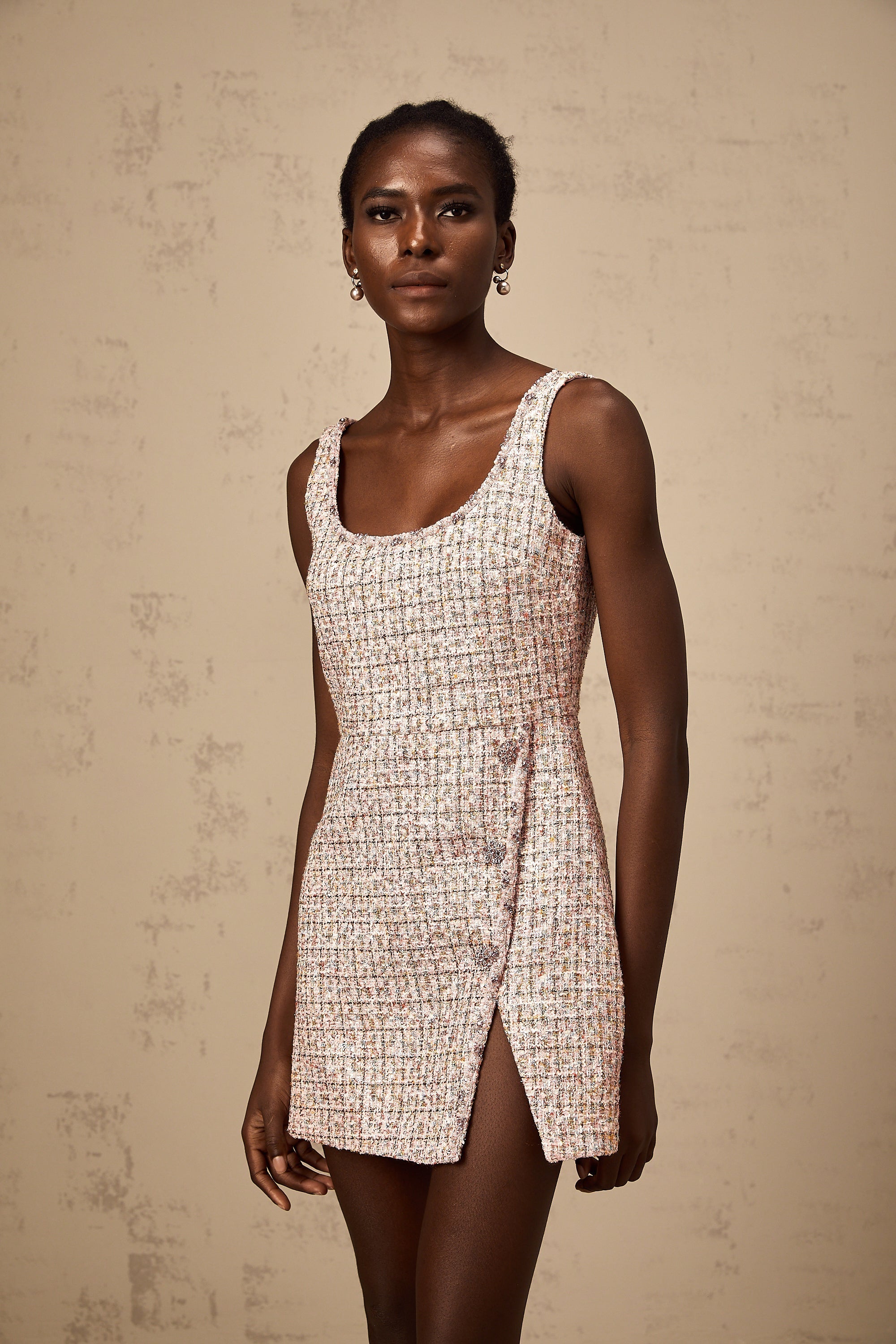 Alexia | stilvolles rosa Minikleid im Tweed-Design