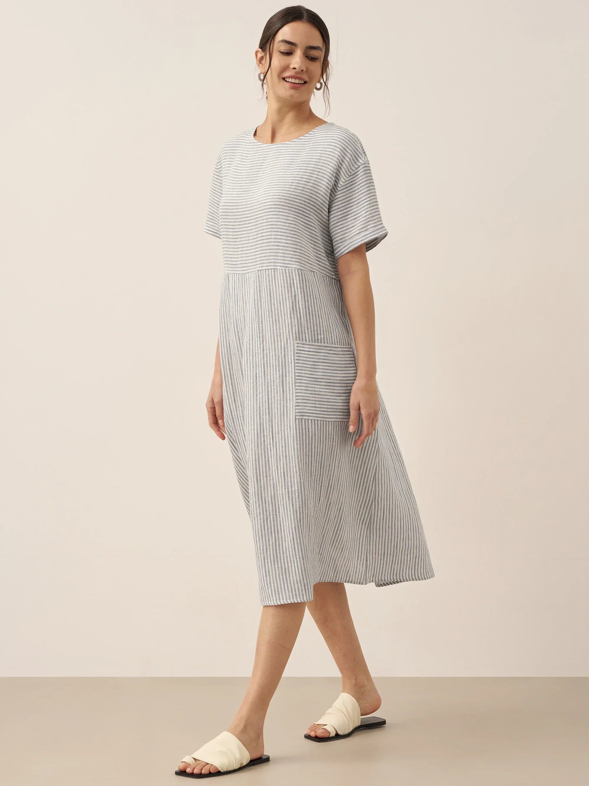 Isabella | stilvolles kurzärmeliges Leinenkleid mit Nadelstreifen