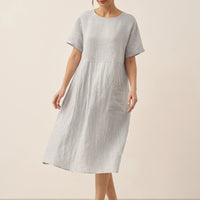 Isabella | stilvolles kurzärmeliges Leinenkleid mit Nadelstreifen