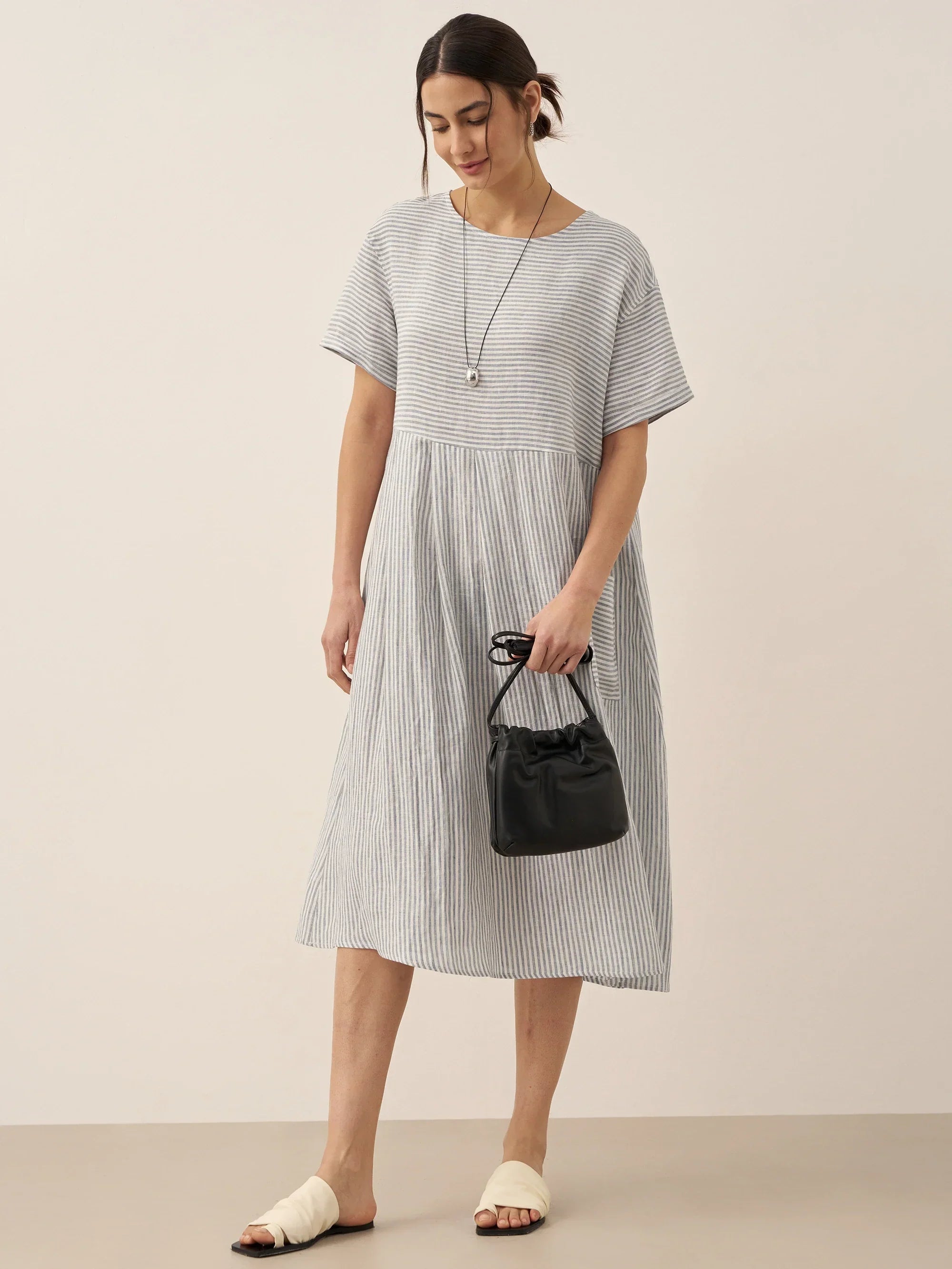 Isabella | stilvolles kurzärmeliges Leinenkleid mit Nadelstreifen