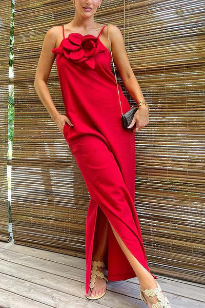 Qincy | Spaghetti-Träger Kleid mit 3D-Blume