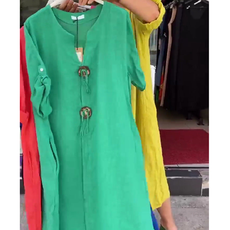 Amy | Leichtes Kleid aus Baumwolle und Leinen mit V-Ausschnitt