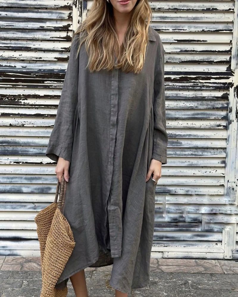 Aireni | Maxi-Hemdkleid aus Leinen mit geknöpfter Front