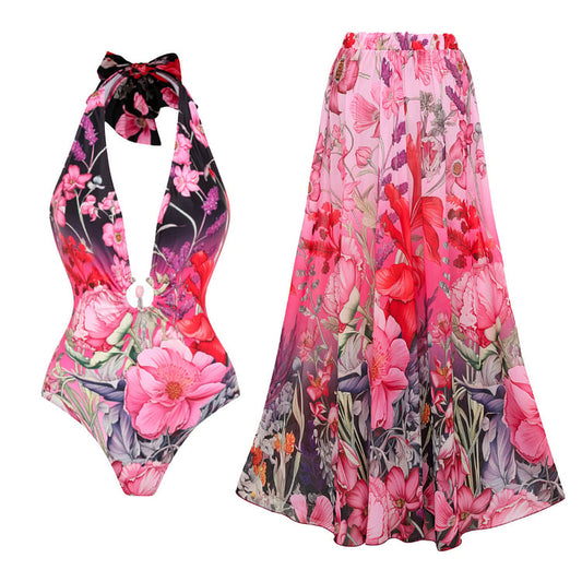 Lilah | Zweiteiliges Neckholder-Badeanzug-Set mit floralem Muster