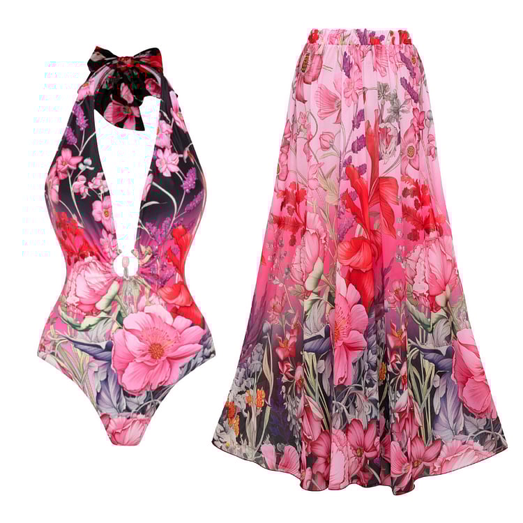 Lilah | Zweiteiliges Neckholder-Badeanzug-Set mit floralem Muster
