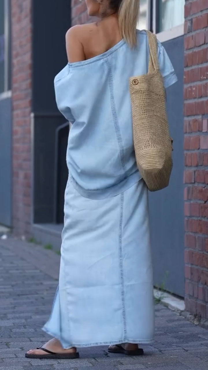 Daph | Denim Schulterfreies Top & Maxirock Set