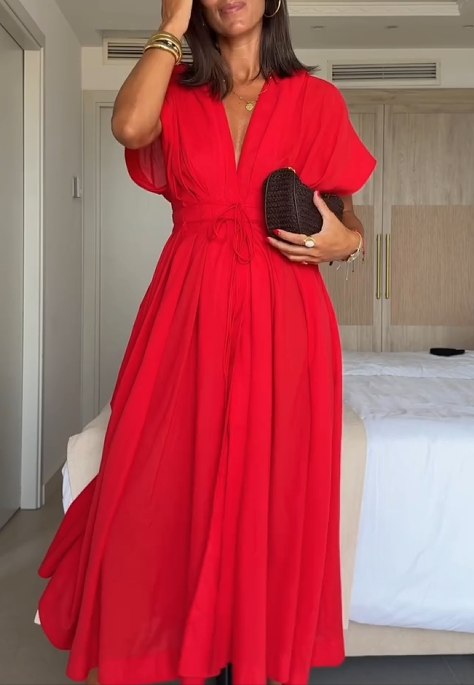 Della | schickes Damenkleid in Midi-Länge mit V-Ausschnitt.