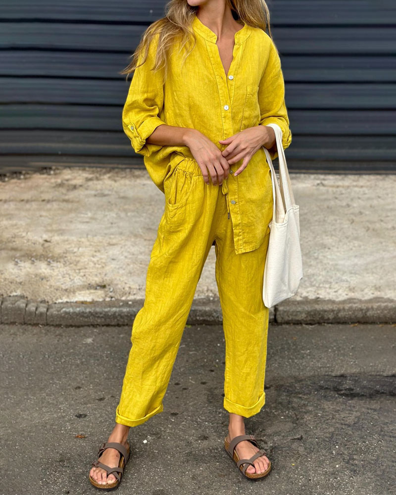 Esmeralda | Hemd mit V-Ausschnitt und Hose aus Baumwolle und Leinen